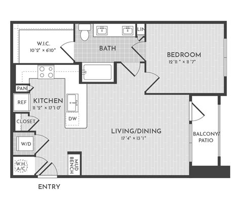 Floor plan for 1 bed, 1 bath, 767 sqft